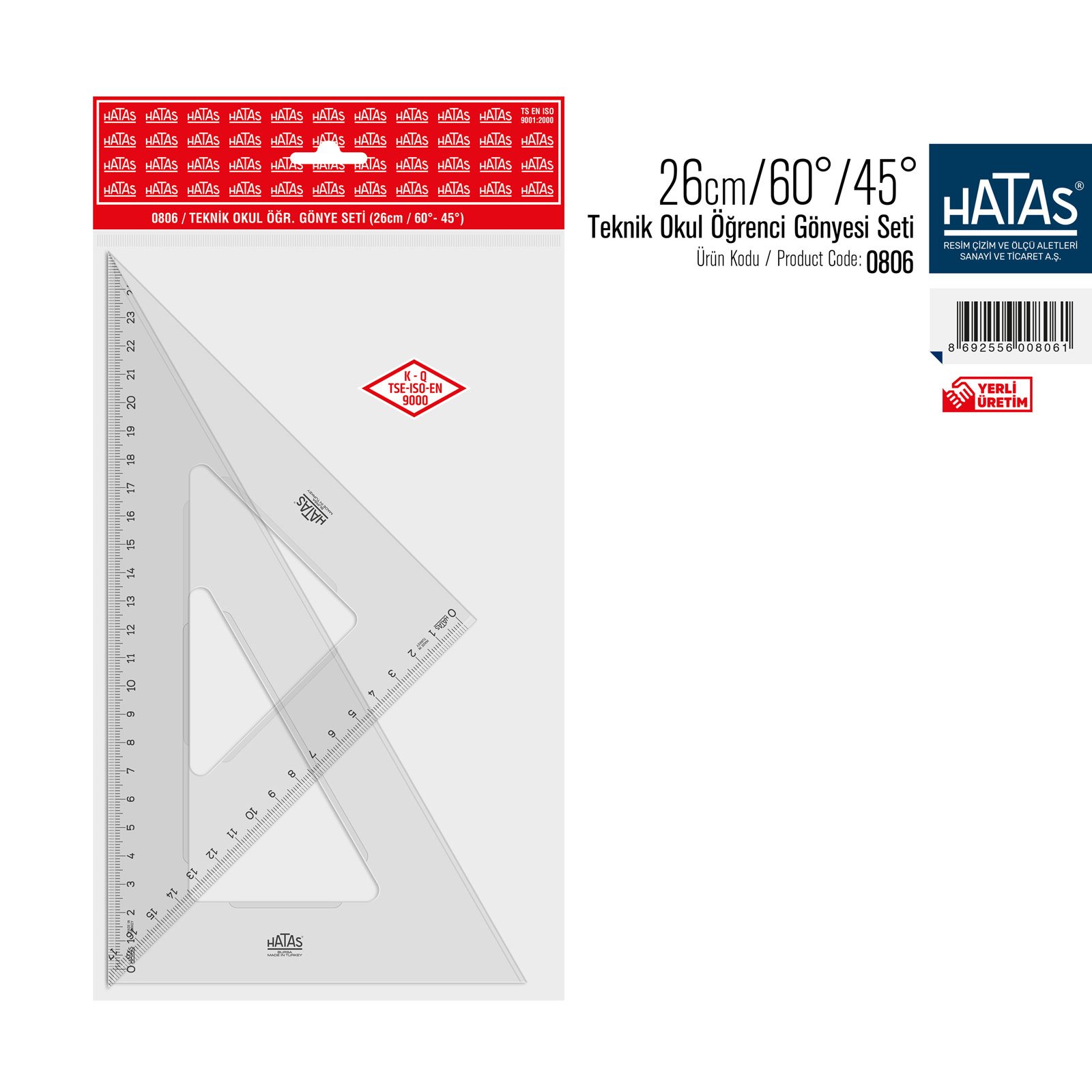 Hatas Teknik Okul Öğrenci Gönye Seti 26x60° ve 45°