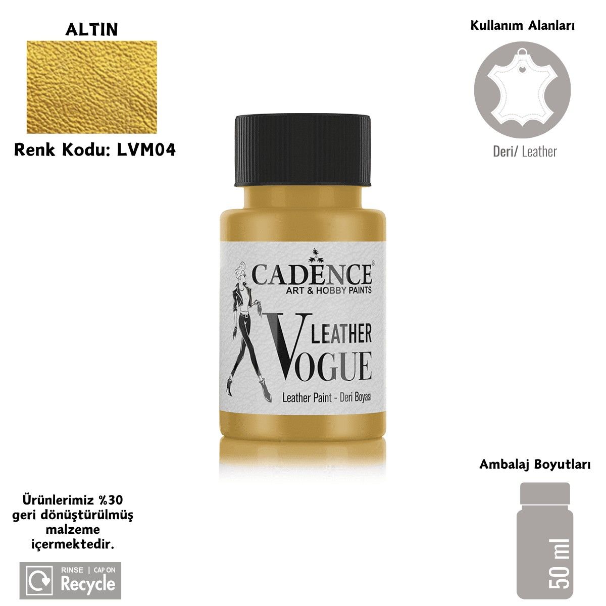 Cadence Leather Vogue Deri Boyasi Metalik 50ml LVM-04 Altın